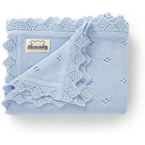 mimixiong Cotton Baby Blanket Knitted Crochet Receiving Crib Nursery Swaddling Blankets for Newborn Baby Boy Girl 30x40 Inch (LightBlue)