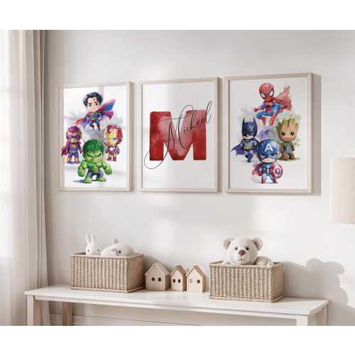 Personalized Super Heroes Wall Art,  Heroes Nursery Poster: Set of 3 Prints (Digital Download