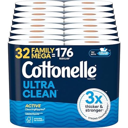 Cottonelle Ultra Clean Toilet Paper with Active CleaningRipples Texture, Strong Bath Tissue, 32 Family Mega Rolls = 176 Regular Rolls (8 Packs of 4)