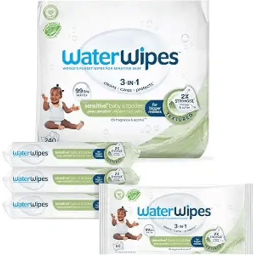 WaterWipes Sensitive+ Baby & Toddler Wipes, 3-In-1 Cleans, Cares, Protects, 99.9% Water, Textured Clean, Unscented & Hypoallergenic, 240 Count (4 Packs)