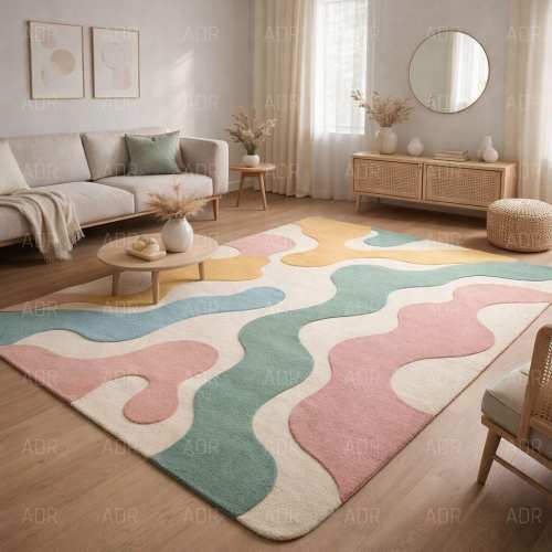 Pastel Hand Tufted Wool Area Rug with Abstract Wavy Design