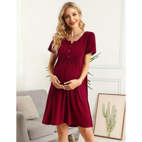 Coolmee Womens Maternity Dress Short Sleeve Midi Summer Dresses Nursing Casual Solid Color Button Down Breastfeeding Dress Clothes