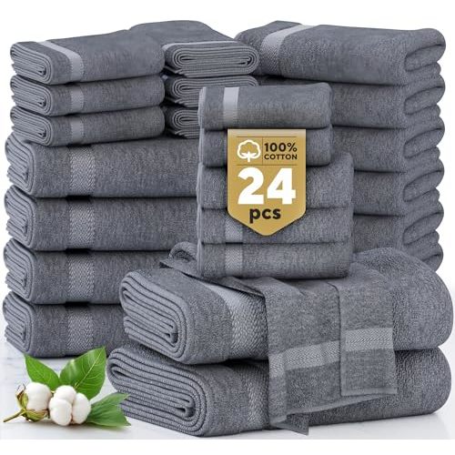 Lane Linen 100% Cotton Bath Towel Set – 24 Pcs Towels for Bathroom, Ideal for Family & Guests, Spa and Daily Use, Soft & Absorbent, 2 Bath Sheets, 4 Bath, 6 Hand, 4 Fingertip, 8 Washcloths – Cool Grey