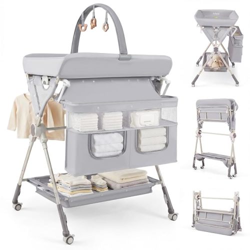 INFANS Portable Baby Changing Table with Wheels, Foldable Diaper Changing Station with Adjustable Heights, Large Organizer Storage for Newborn Infant (Dark Gray)