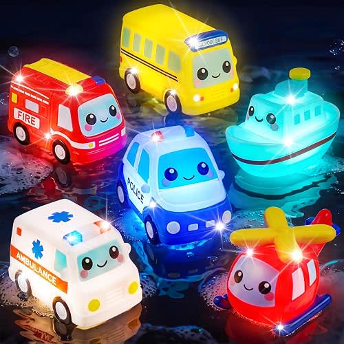 Bath Toys for Kids Ages 1-3 4-8, 6 Pack Water-Activated Light Up Car Toys