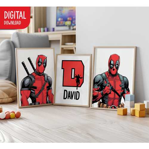 Personalized Deadpool Prints, Set of 3, Boy Nursery Wall Art (Digital Download)