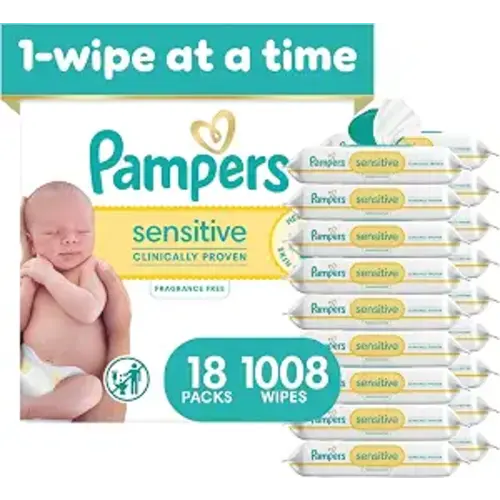 Pampers Sensitive Baby Wipes, Clinically Proven, Fragrance Free, Unscented, Water Based, Hypoallergenic, Multi-Use, Hand Wipes 1008 Wipes Total (18X Flip-Top Packs) [Packaging May Vary]