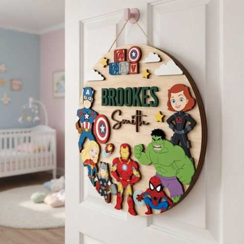 Marvel Avengers Wooden Name Sign, Spider-Man Iron Man Captain America Kids Room Decor, Personalized Superhero Nursery Door Plaque