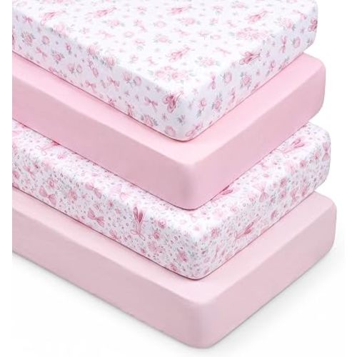 Fanfanwin 4 Pack Pink Bow Crib Sheets for Baby Girls, Floral Nursery Decor