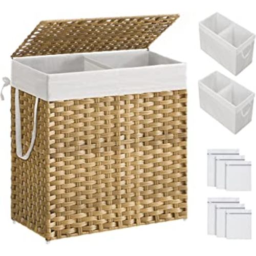SONGMICS Laundry Hamper with Lid, 110L Clothes Hamper with 2 Removable Liner Bags, 6 Mesh Bags, Wicker Laundry Basket, Double Laundry Hamper for Bathroom, 13 x 22.4 x 23.6 Inches, Natural ULCB52NL