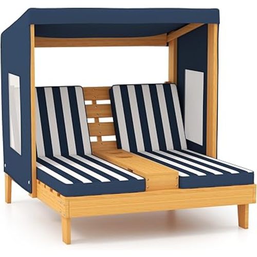 HONEY JOY Kids Chaise Lounge Chair Outdoor, Toddler Wood Double Pool Lounger Chairs w/Canopy, Cup Holders, Removable Stripped Fabric Cushions, 2-Person Kids Patio Furniture for Backyard (Navy Blue)