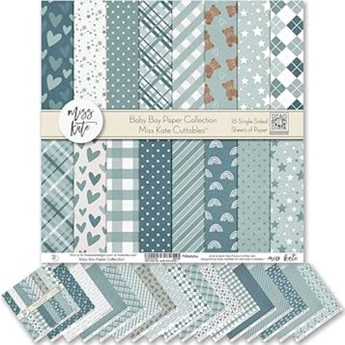 Miss Kate Cuttables Pattern Paper Pack - Baby Boy - Gender Reveal Party New Born Scrapbook Premium Specialty Paper Single-Sided 12"x12" Collection Includes 16 Sheets