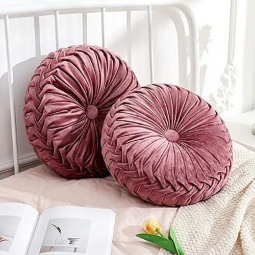 Drydiet 2 Pcs Round Throw Velvet Pillows Decorative Pleated Throw Pillows Diameter Accent Pumpkin Boho Chair Cushion for Couch Sofa Home Decoration (Dusty Rose,15'')