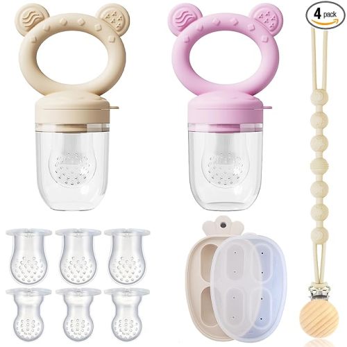 4 Pack Stylish Anti-Drop Fruit Pacifier Feeder, Breastmilk Popsicle Molds for Teething with Lids, Teether Pacifier, The Perfect Food Feeder, Silicone Feeder Teethers, Baby Teether, Baby Fruit Feeder
