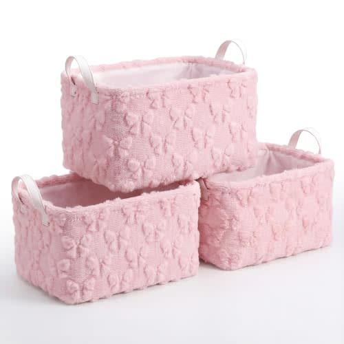 Kathfly 3 Pcs Bow Foldable Storage Baskets Pink Bow Plush Faux Fur Jacquard Design Laundry Basket with Handles Waterproof Storage Bins Fabric Shelf Baskets for Organizing Closet Clothes