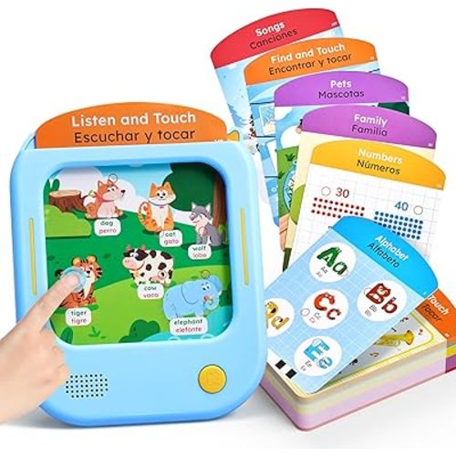 JoyCat Bilingual Kids Learning Tablet, 106 Pages Spanish & English Talking Cards with 20 Interactive Games, Montessori Toy for Alphabet, Words, Numbers, Colors & Songs, Learning Gifts for Toddler 2-6