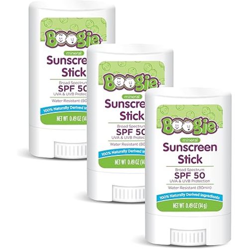 Baby Sunscreen Stick by Boogie Block, Mineral Sunscreen SPF 50, Travel Size Sunblock for Kids, Zinc Oxide, Water Resistant, Vegan, Fragrance Free Pack of 3