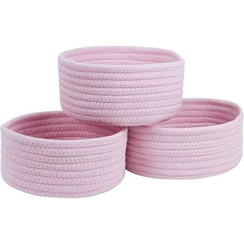 Small Storage Basket, Set of 3 Woven Baskets, Cotton Rope Small Baskets for Organizing, Cute Mini Tiny Round Basket, Bathroom Organization Bin (Pink)