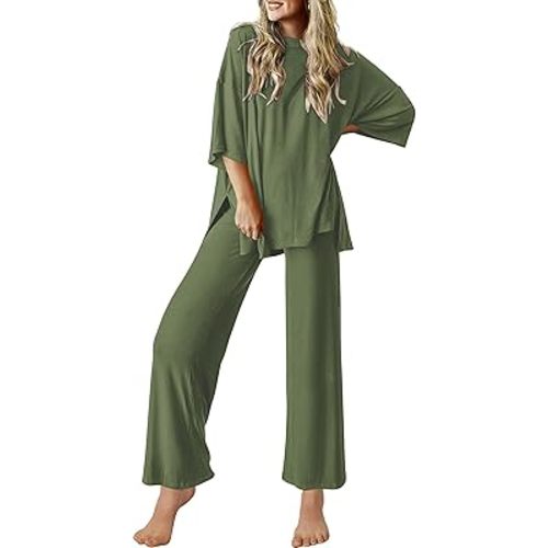 Ekouaer Lounge Sets for Women Short Sleeve Tops and Long Pants Soft Comfy Pajamas Set 2 Piece Outfits