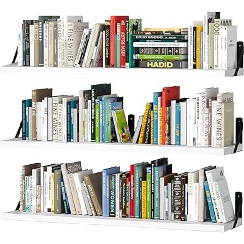 upsimples Floating Book Shelves for Wall, 35.4 Inches Long Floating Wood Shelves for Living Room, Library, Bedroom, Office Organizer and Storage, White