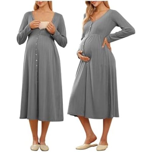 OUGES Cotton Blend Maternity Pajamas Nightgown Button Down Nursing Gown Labor Delivery Breastfeeding Dress with Pockets