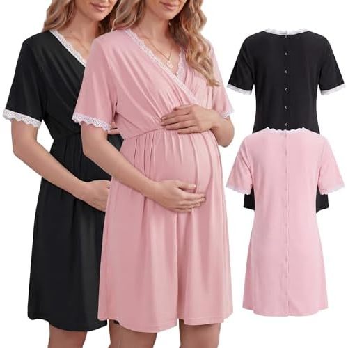 Cutecrop 2 Pack Labor and Delivery Gown for Hospital Maternity Nursing Button Back Gown Short Sleeve Breastfeeding Dress