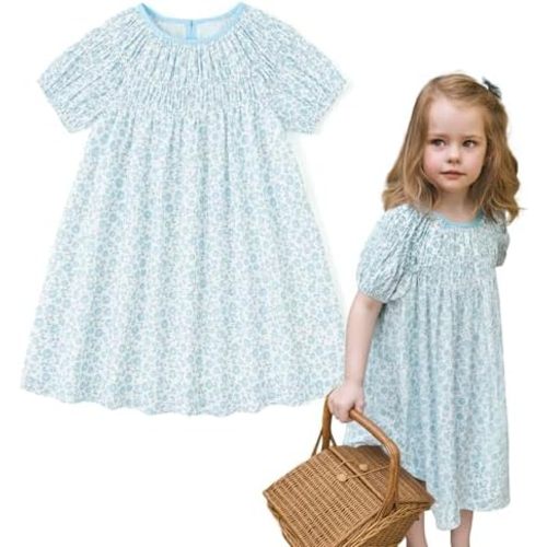 Simplee kids Baby Girls Casual Dress Toddler Smocking Dress Floral Print Sundress for Spring Summer 1-6 Years