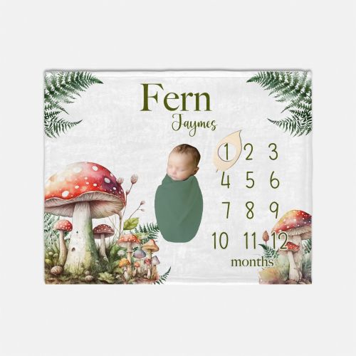 Mushroom and Fern Milestone Blanket, Baby Boy Blanket, Mushroom Milestone Blanket, Woodland Baby Gift, Newborn Blanket, Woodland Nursery W57