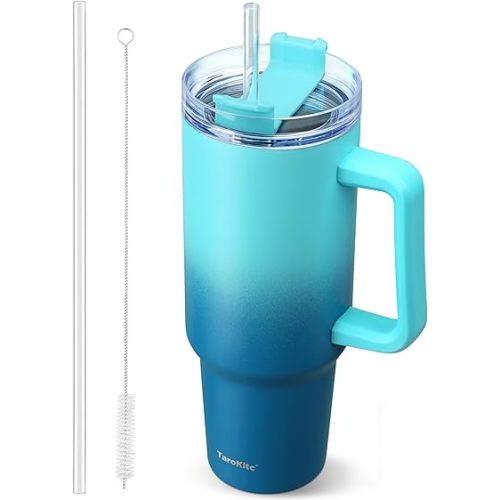 40 oz Tumbler with Handle | Stainless Steel Insulated Travel Mug Iced Coffee Cup with Lids and Straw | Keeps Drinks Cold for 34 Hours | Dishwasher Safe, BPA Free(Light & Deep Blue