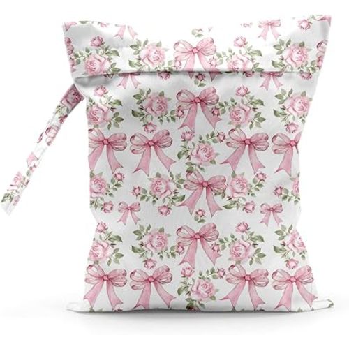 Waterproof Cloth Diaper Wet Dry Bag Reusable Travel Beach Pool Daycare Soiled Toddler Items Yoga Gym Bag for Swimsuits Wet Clothes Bags - Pink Bow Flowers Pattern