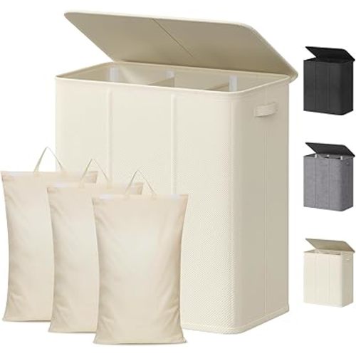 Lifewit Triple Laundry Hamper with Lid and Removable Laundry Bags, Large Collapsible 3 Dividers Dirty Clothes Basket with Handles for Bedroom, Laundry Room, Closet, Bathroom, College, 160L White