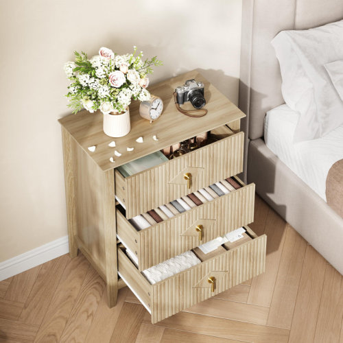 Latitude Run® 27.5" Wide Fluted 3 Drawer Dresser Nightstand for Bedroom, Modern Wood Chest of Drawers Storage Cabinet | Wayfair
