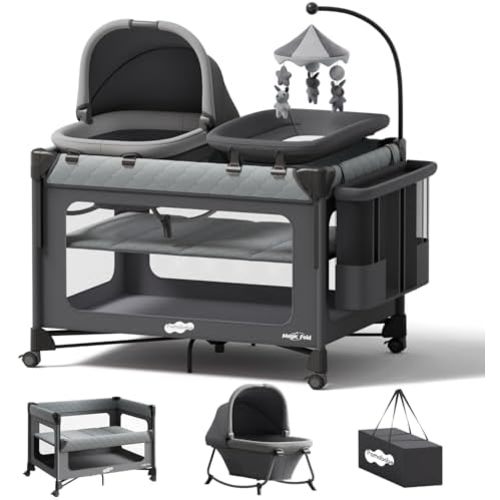 Pamo Babe Pack and Play with Bassinet - 7 in 1 One-Step Setup Bedside Crib, Portable Playpen, Travel Crib, Baby Playard with Diaper Changing Station, Toy Bar & Large Storage Bag