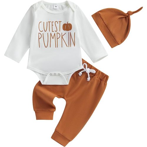Twopumpkin Infant Baby Boy Farm Letter Bodysuit Romper and Long Pants Newborn Coming Home Outfit Cute Clothes Sets with Hat
