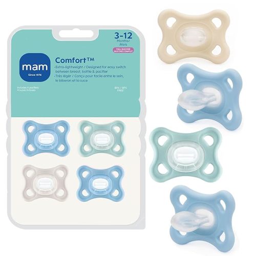 MAM Comfort Baby Pacifiers 3-12 Months Babies, Lightweight One-Piece Full Silicone Binky, BPA-Free Nipple, Easy to Clean Pacifier, Best for Breastfed Babies, 4 Pack, Made in Europe
