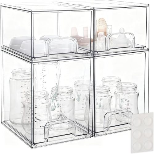 Baby Bottle Storage Organizer - Acrylic Storage Containers, Clear Stackable Drawer Baby Bottle Station Organizer for Countertop Cabinet, BPA-Free, Lead-Free (1 Wide+2 High, Clear)