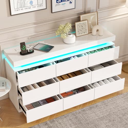 Vipbear 9-Drawer Dresser with LED Lights and Charging Station, Modern Wide Chest of Drawers, Large Storage Cabinet Organizer for Bedroom, Living Room, Closet,White