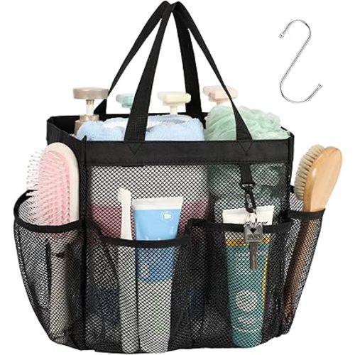 F-color Mesh Shower Caddy Portable, Upgrade Deeper 7 Pockets Shower Bag Basket Tote for College Dorm Room Toiletry Bathroom Essentials Gym Camp Quick Dry 2 handles with S Hook, Black