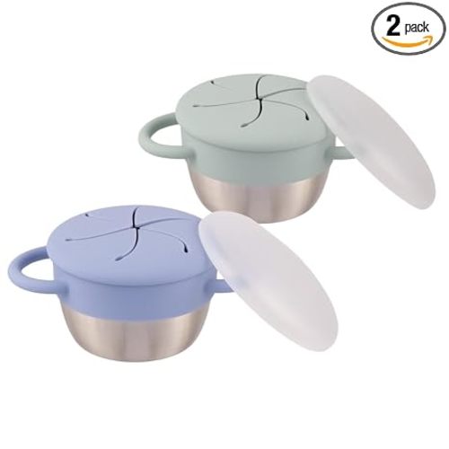 Elk and Friends Stainless Steel Snack Cups | Removable Silicone Food Catcher and Travel Lid | Spill-Proof Snack Containers for Baby, Toddler, Kids | Dishwasher Safe | 2 Pack