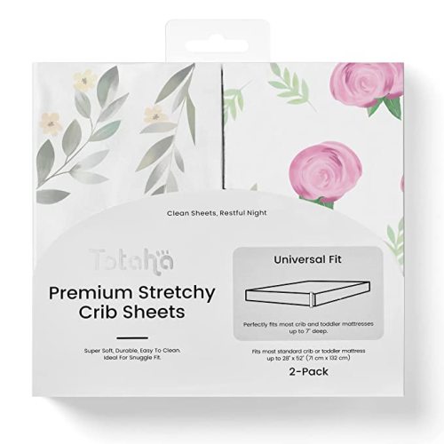 TotAha Premium Stretchy Crib Sheets (2-Pack)-Hypoallergenic, Silky Comfort, Buttery Soft, Calming Effect, All-Season Jersey-Knit Sheets, 9'' Extra Deep Pocket(Meredith Allover Floral & Pale Pink)