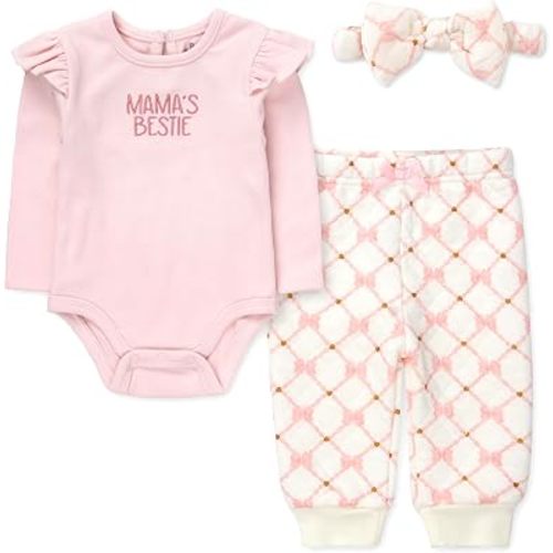 Baby Essentials Infant Girl 3-Piece Outfit Set with Bodysuit, Quilted Jogger Pants & Headband