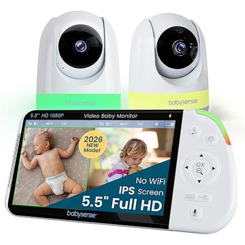Babysense PRO Full HD 5.5" Split Screen Baby Monitor with 2 Cameras, 6-Color Night Light, White Noise, Sound & Light Machine, 20-Hour Battery, Hack-Proof Non-WiFi Secure Connection