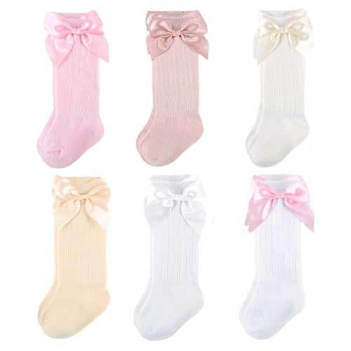 6 Pairs Preemie Knee High Socks with Bows Newborn 0-3 Months | soft cotton long tube socks available in beautiful multi-color packs premature baby socks baby girl long socks