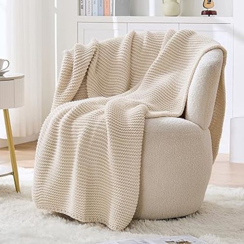Beige Throw Blanket for Couch, Rustic Knit Throw Blanket, Soft Cozy Stretchy Reversible Garter Knitted Blankets for Bed, 60"x80", Ivory Beige
