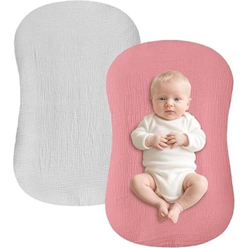 Hooyax Muslin Baby Lounger Cover 2 Pack - 100% Breathable Cotton Soft Infant Lounger Covers, Fits Most Standard Newborn Loungers & Pillows (Gray, Flesh Pink)