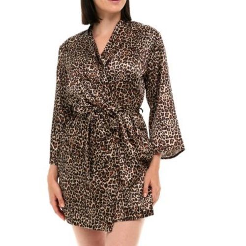 ADR Women's Satin Robe with Pockets, Belt Loops, Short, Above the Knee Length Leopard Animal Print Large