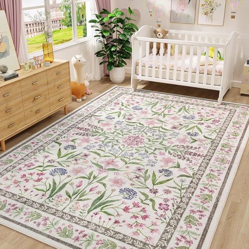 Amearea 8x10 Area Rugs for Living Room, Washable Area Rugs 8 x 10 Pink Floral Rug, Vintage Low Pile Cute Kids Girls Room Print Carpet, Non Slip Office Nursery Bedroom Dining Room Farmhouse Decor