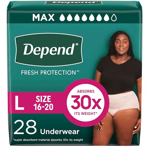 Depend Fresh Protection Adult Diapers, Incontinence & Postpartum Bladder Leak Underwear for Women, Disposable, Maximum, Large, Blush, 28 Count, Packaging May Vary