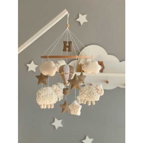 Hot Air Balloon Mobile, Crib Felt Mobile with Sheep, Baby White Mobile, Nursery Mobile, Boho Classroom Decor, Evening Star Mobile