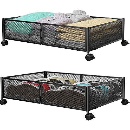 PHINOX Under Bed Storage with wheels, Under the Bed Storage Containers,Upgrade Crossed Iron Wire, Metal Rolling Underbed Storage Containers for Bedroom Clothes Shoes Blankets-2 Pack,Black